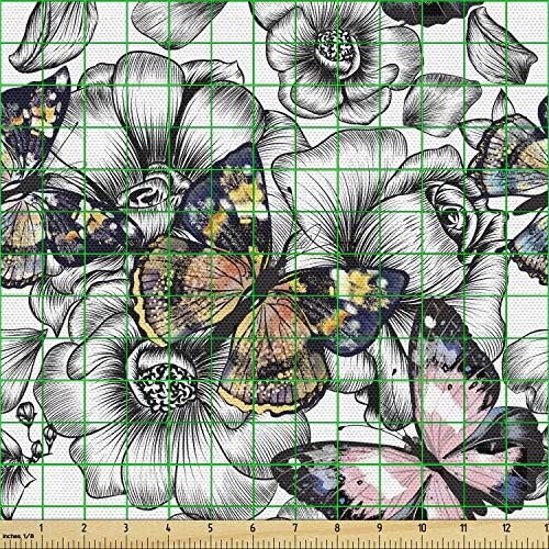 Плат Ambesonne Butterfly by The Yard, Монохромен с цъфтящи Летни животни, Цветя, Декоративна тъкан за тапицерия