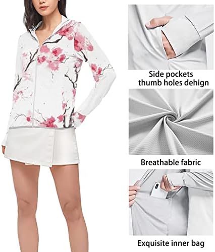 Дамски солнцезащитная Облекло FUIBENG UPF 50+, Солнцезащитная Риза с дълъг ръкав, Качулка и джоб с дупка за