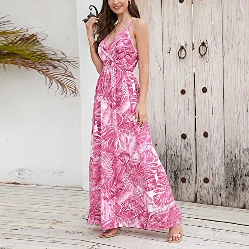 Плажни рокли Fragarn за жени, Женски Пролетно-Лятно Секси Дълга Рокля с V-образно деколте и Бохемски принтом на спагети презрамки
