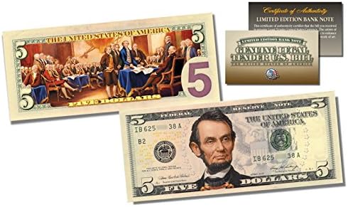 Декларацията за независимост на Официално Законно платежно средство в САЩ са подбрани банкнота на стойност 5 долара на САЩ с печатна платка * Двустранен *