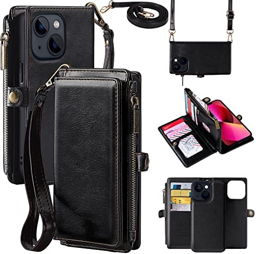 MInCYB е Съвместим с калъф-портфейл iPhone 14 Plus, калъф с цип джоб с отделения за карти с RFID-заключване за жени и мъже, магнитен подвижна кожен калъф с каишка-гривната за iPhone