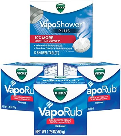 Vicks VapoRub, Мехлем за смилане на гръдния кош, Улесняваща кашлица, настинка с оригинални лекарствени двойки, 1,76 унция (3 опаковки) VapoShower Plus, Хапчета-Бомбочки за душата, Ус