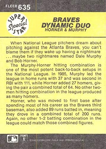 1986 Бейзболен дует Fleer 635 Боб Хорнър / Дейл Мърфи Atlanta Braves Официалната търговска картичка MLB Braves