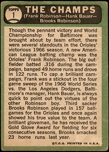 1967 Topps 1 в Шампионската Франк Робинсън/Брукс Робинсън/Ханк Бауър Балтимор Ориолс (Бейзболна картичка)