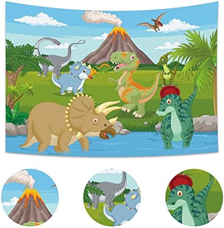 Imirell Карикатура Динозавър Фон 7Wx5H Фута за Момчета Деца Сладък Динозаври Животни Дивата Природа Вулкан Полиестер