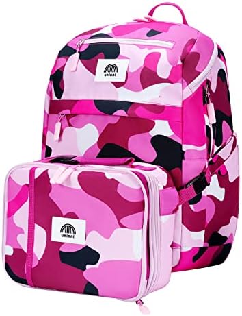 Детска раница uninni Камуфлаж (фуксия/pink) 16 инча с Изолирана чанта за обяд на възраст 5 +, Лек, за училище