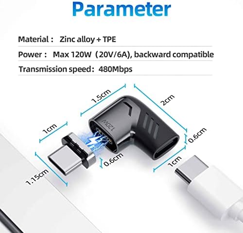 Магнитен адаптер Sisyphy USB C, правоъгълен конектор USB2.0 Type C за зареждане на PD мощност 120 W и пренос