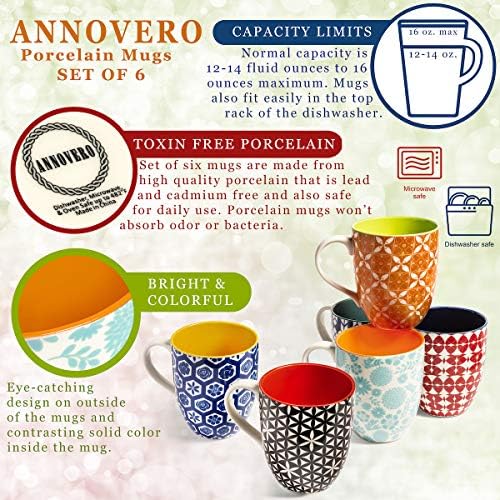 Чаши за кафе Annovero, Комплект от 6 модерни Цветни Хубави порцеланови чаши /чаши с голяма дръжка, за жени или