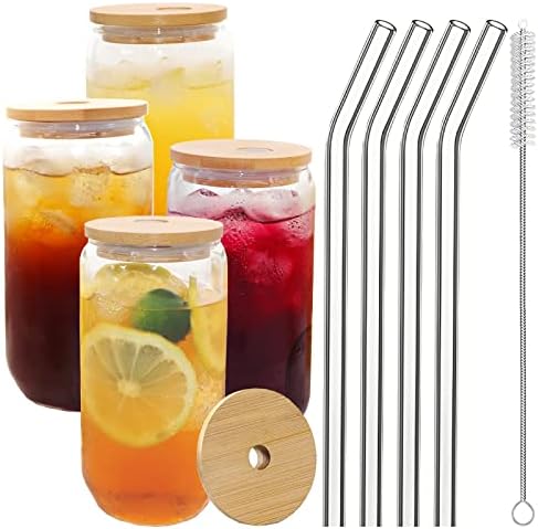 Стъклени Чашки с бамбукови Капаци и Соломинками, комплект от 4 бр. Стъклени Чаши във формата на буркани с Почистващ